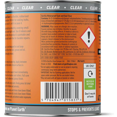 Close-up of the back label of a Gorilla Waterproof Seal and Clear can, showing product information, warning text, a recycling symbol, and a barcode on an orange background.