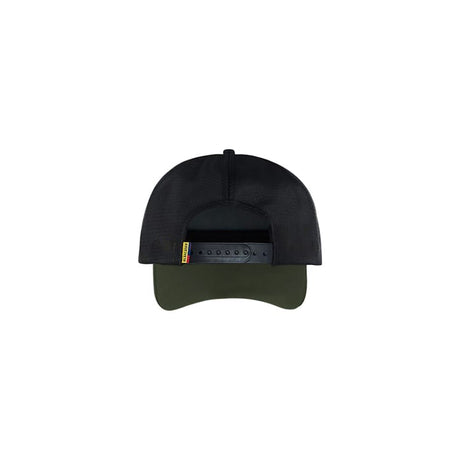 A black trucker-style cap viewed from the back, featuring a black mesh back, a dark olive green curved brim, and a black plastic snap closure with a small yellow, red, and green tag.