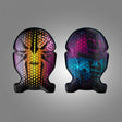 Colourful protective pads with geometric patterns on a grey background. Snickers 9128 PowerFoam Kneepads