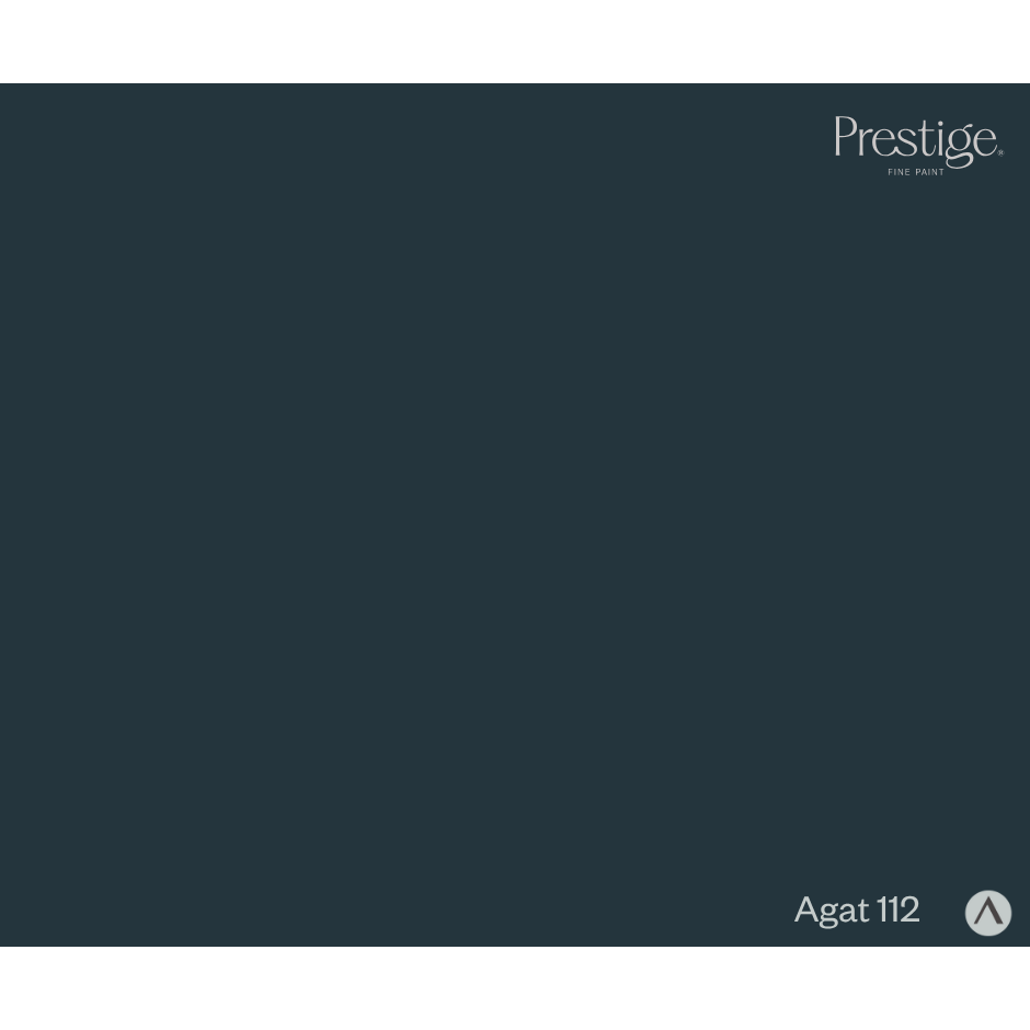 A dark teal-blue color swatch with the Prestige Fine Paint logo in the top right and the text 'Agat 112' in the bottom right.
