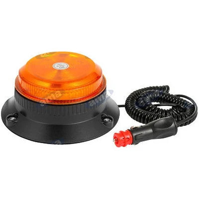 An amber/orange dome-shaped marine signal light with a black mounting base, shown with a coiled black power cord and red plug on a white background.
Ama Magnetic / Bolt-On Beacon – 12V