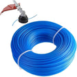 A large coil of bright blue plastic tubing secured with a white band, shown on a white background with a small inset illustration of a string trimmer attachment at the upper left.
Ama Mega Twist Strimmer Cord 3.3mm x 32m Blue | Ireland