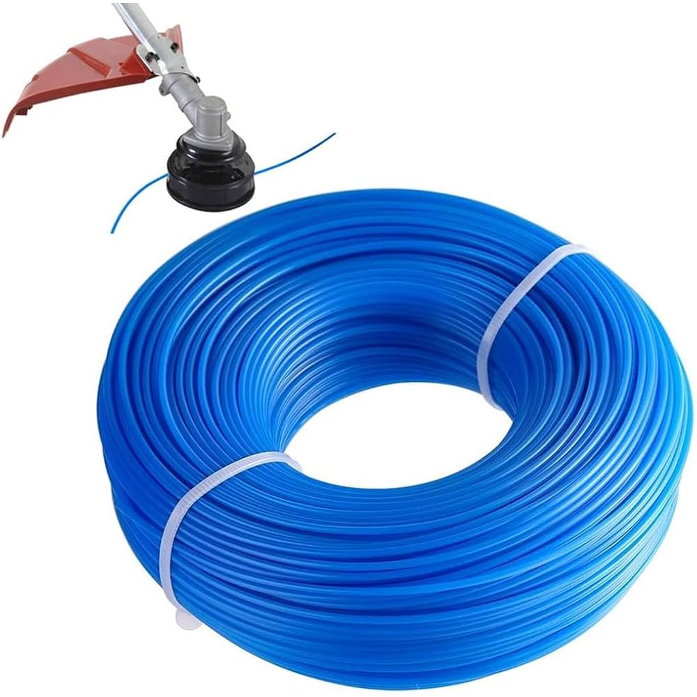 A large coil of bright blue plastic tubing secured with a white band, shown on a white background with a small inset illustration of a string trimmer attachment at the upper left.
Ama Mega Twist Strimmer Cord 3.3mm x 32m Blue | Ireland