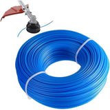 A large coil of bright blue plastic tubing secured with a white band, shown on a white background with a small inset illustration of a string trimmer attachment at the upper left.
Ama Mega Twist Strimmer Cord 3.3mm x 32m Blue | Ireland
