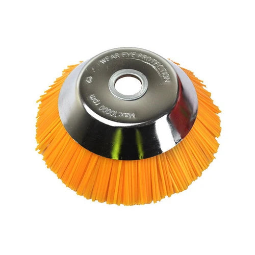 An orange nylon brush wheel attachment with a polished silver metal centre hub, shown on a plain white background.
Ama Nylon Brush Heads - Universal Fitting