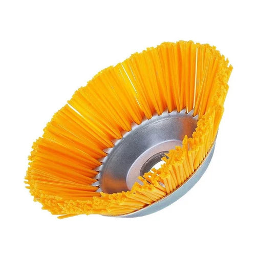 A yellow plastic brush attachment with a silver metal centre hub, shown on a plain white background.
Ama Nylon Brush Heads - Universal Fitting