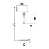 Technical dimension diagram of a wall-mounted fixture or stand, showing labelled measurements A, B, C, D, and 200 on a white background.
Ama Parking Jack Square Profile – 620mm – 300kg
