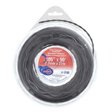 A spool of black garden hose in a clear plastic blister pack with a white cardboard hanger tab at the top. The center label shows the brand 'Foliar' and product details including '105" x 90"' 
Ama Professional Heavy Duty Vortex Cord | Black and '2.