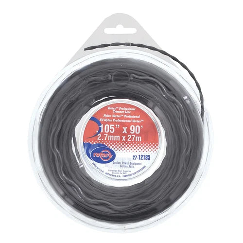 A spool of black garden hose in a clear plastic blister pack with a white cardboard hanger tab at the top. The center label shows the brand 'Foliar' and product details including '105" x 90"' 
Ama Professional Heavy Duty Vortex Cord | Black and '2.