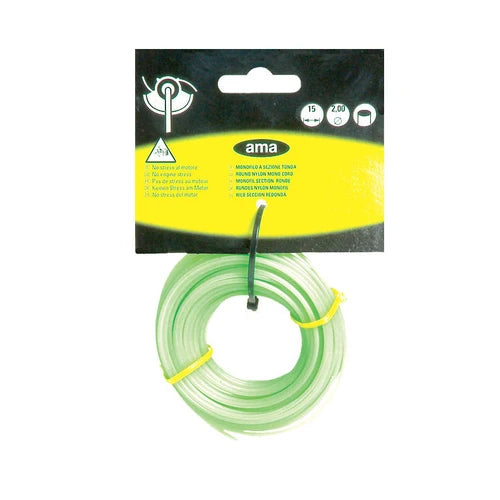 A coiled green plastic string trimmer line tied with a yellow band, attached to a black and yellow Ama brand retail card, on a plain white background.
Ama Round Nylon Trimmer Line 1.65mm x 15m