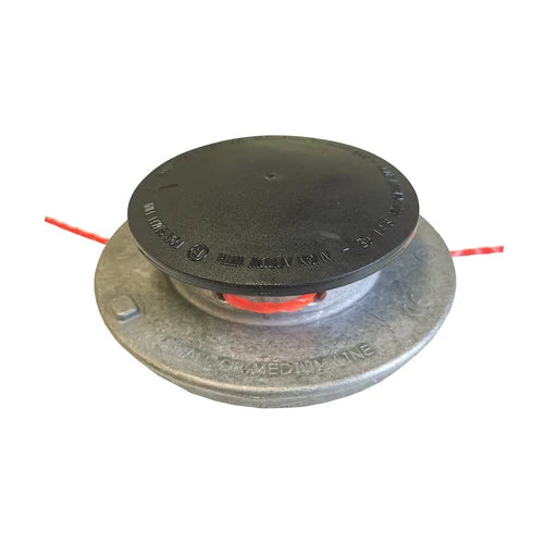 A metal and black plastic string trimmer spool with red line visible on both sides, photographed on a plain white background.
Ama Scorpion Strimmer Head – Universal Fitting | Alloy