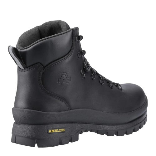 A black leather lace-up work boot with a rugged sole, featuring a molded 'A' logo on the side and a small yellow 'AMBTERS' brand label on the heel, shown against a plain white background.