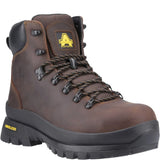 A brown leather high-top work boot with a black rubber sole, brown and black laces, and a yellow logo patch on the tongue and heel.