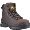 A brown leather high-top work boot with a black rubber sole, brown and black laces, and a yellow logo patch on the tongue and heel.
