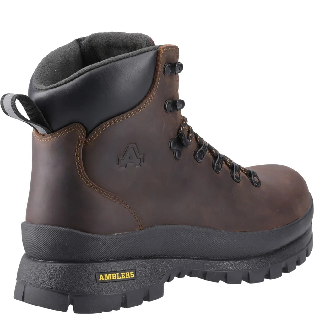 A dark brown leather lace-up work boot with a black sole, black laces, and a black heel counter, featuring the Ambler brand name on the side of the sole. Amblers AS194 Grizedale Waterproof Safety Boots 