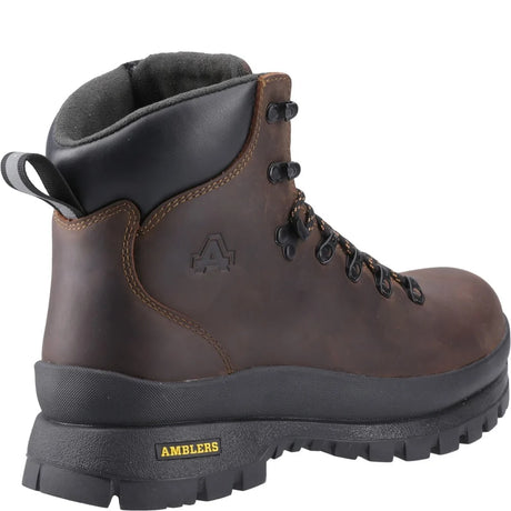 A dark brown leather lace-up work boot with a black sole, black laces, and a black heel counter, featuring the Ambler brand name on the side of the sole. Amblers AS194 Grizedale Waterproof Safety Boots 