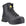 A black high-top safety work boot with black laces, a black rubber sole, and yellow branding accents on the tongue and heel, shown against a plain white background. 