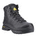 A black high-top safety work boot with black laces, a black rubber sole, and yellow branding accents on the tongue and heel, shown against a plain white background. 