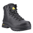 A black high-top safety work boot with black laces, a black rubber sole, and yellow branding accents on the tongue and heel, shown against a plain white background. 
