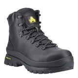 A black high-top safety work boot with black laces, a black rubber sole, and yellow branding accents on the tongue and heel, shown against a plain white background. 