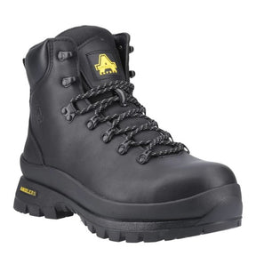 A black high-top safety work boot with black laces, a black rubber sole, and yellow branding accents on the tongue and heel, shown against a plain white background. 