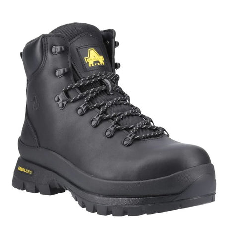 A black high-top safety work boot with black laces, a black rubber sole, and yellow branding accents on the tongue and heel, shown against a plain white background. 