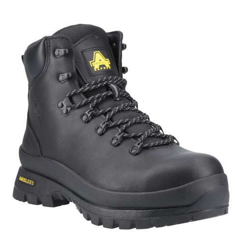 A black high-top safety work boot with black laces, a black rubber sole, and yellow branding accents on the tongue and heel, shown against a plain white background. 