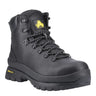 A black high-top safety work boot with black laces, a black rubber sole, and yellow branding accents on the tongue and heel, shown against a plain white background. 