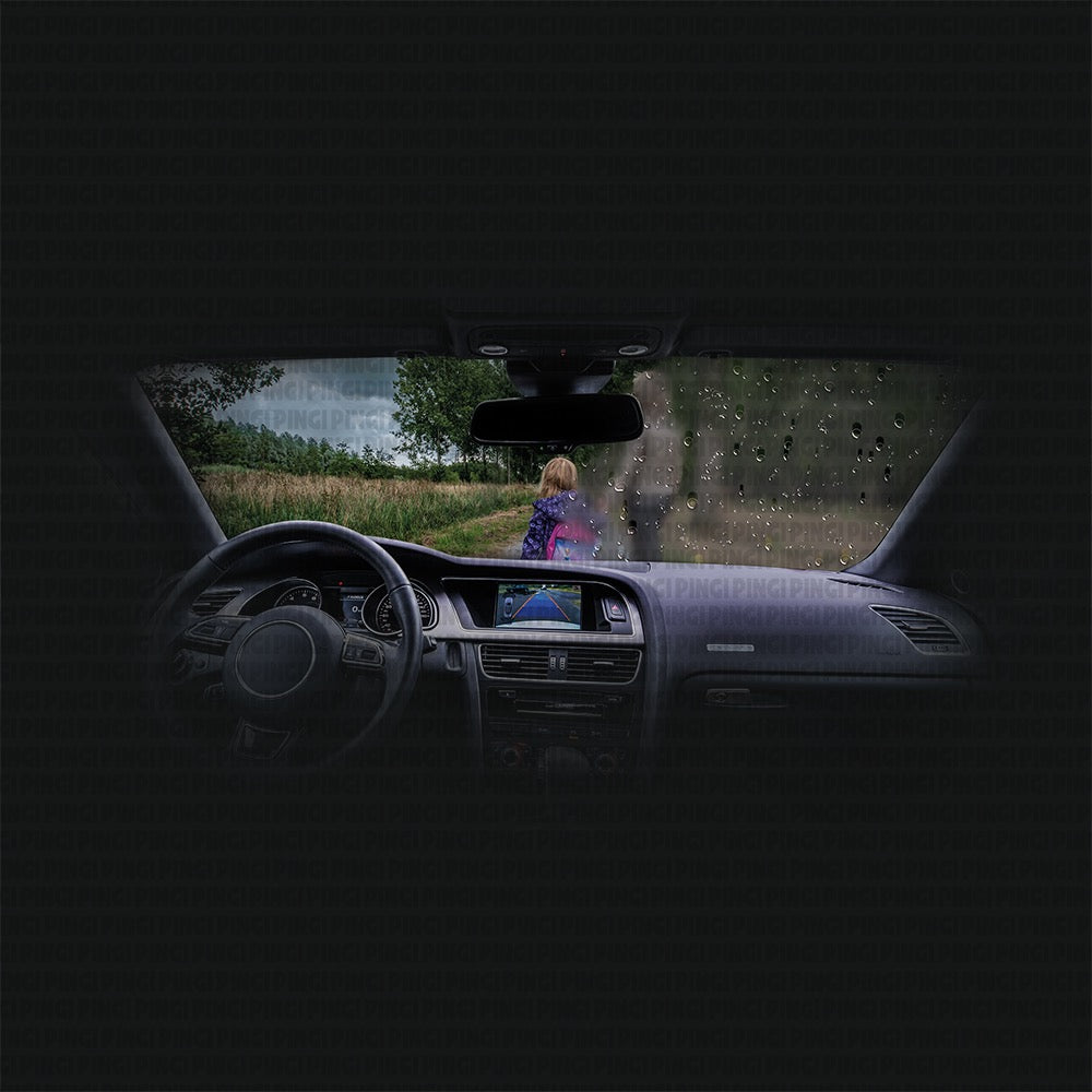 A dark car interior with the driver's seat and dashboard visible, looking out through a rain-speckled windshield at a person standing on a dirt path in the rain.