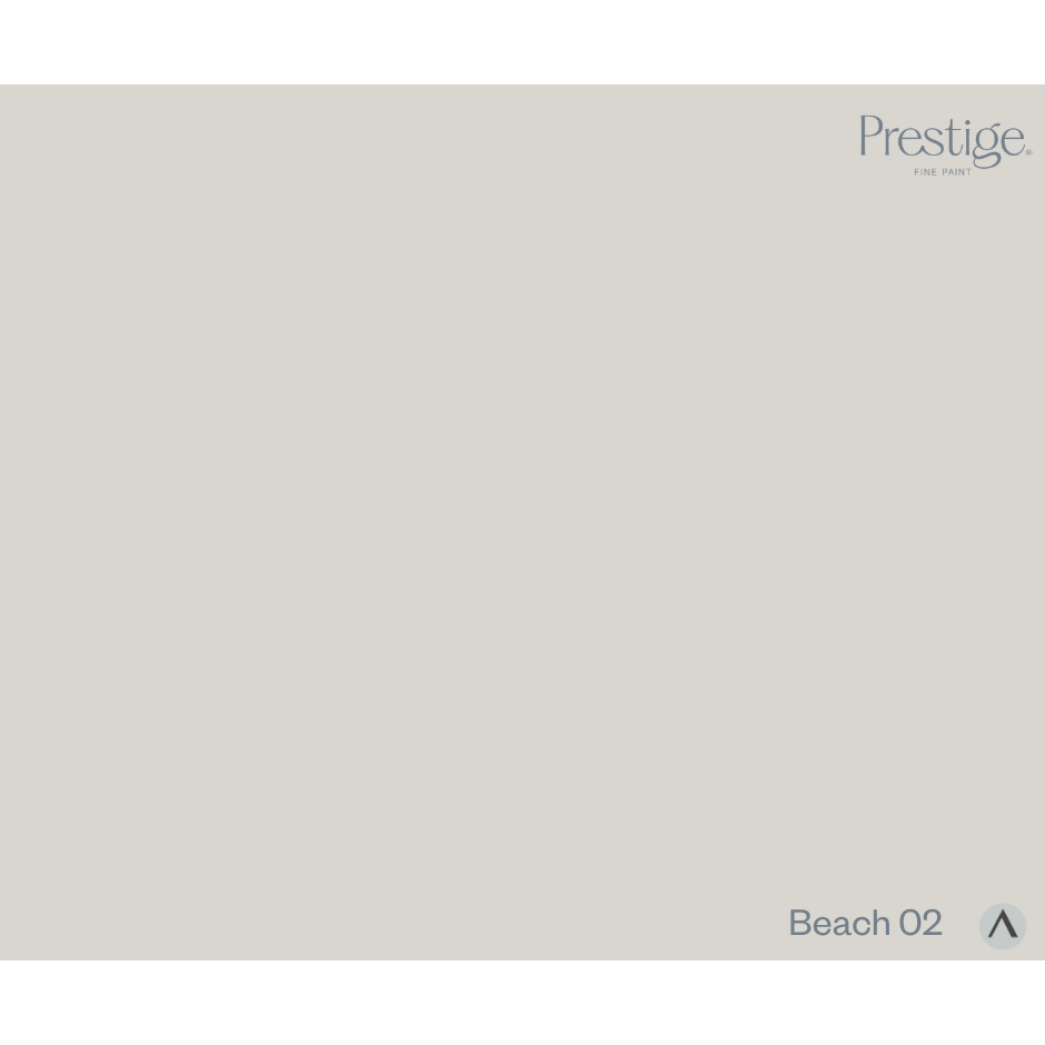 A flat, solid warm light gray-beige color swatch with the Prestige. brand name in the top right and the text 'Beach O2' in the bottom right.