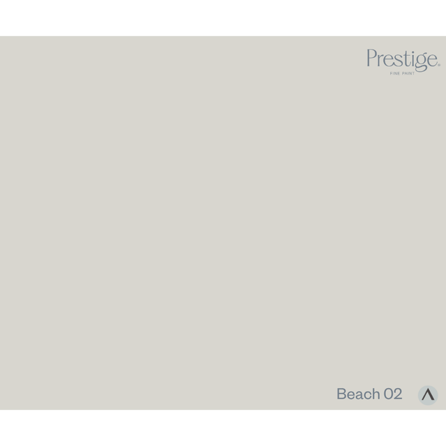 A flat, solid warm light gray-beige color swatch with the Prestige. brand name in the top right and the text 'Beach O2' in the bottom right.