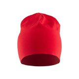 A bright red knit beanie hat shown from the front on a plain white background.