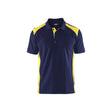 A short-sleeve polo shirt in navy blue with bright yellow contrast panels on the shoulders and sides, displayed against a solid white background.