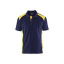 A short-sleeve polo shirt in navy blue with bright yellow contrast panels on the shoulders and sides, displayed against a solid white background.