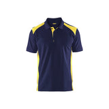 A short-sleeve polo shirt in navy blue with bright yellow contrast panels on the shoulders and sides, displayed against a solid white background.