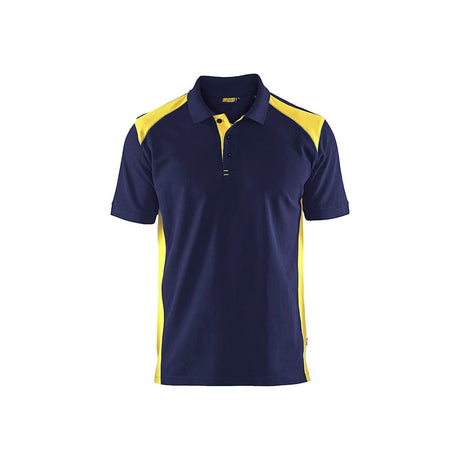 A short-sleeve polo shirt in navy blue with bright yellow contrast panels on the shoulders and sides, displayed against a solid white background.