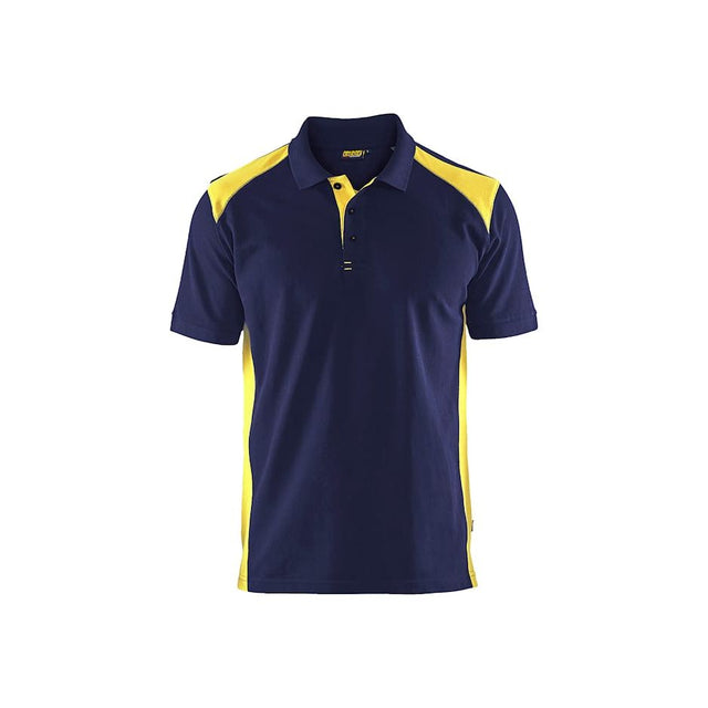 A short-sleeve polo shirt in navy blue with bright yellow contrast panels on the shoulders and sides, displayed against a solid white background.