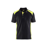 A short-sleeve polo shirt in black with high-visibility neon yellow panels on the shoulders and sides, shown against a plain white background.