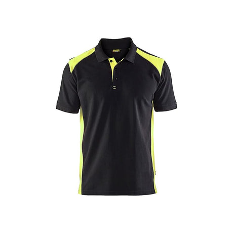 A short-sleeve polo shirt in black with high-visibility neon yellow panels on the shoulders and sides, shown against a plain white background.