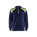 A navy blue long-sleeve quarter-zip pullover sweatshirt with bright neon yellow-green contrast panels on the shoulders and along the zipper, displayed on a clean white background.