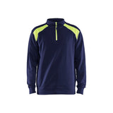 A navy blue long-sleeve quarter-zip pullover sweatshirt with bright neon yellow-green contrast panels on the shoulders and along the zipper, displayed on a clean white background.