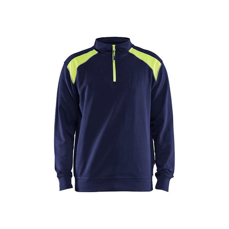 A navy blue long-sleeve quarter-zip pullover sweatshirt with bright neon yellow-green contrast panels on the shoulders and along the zipper, displayed on a clean white background.