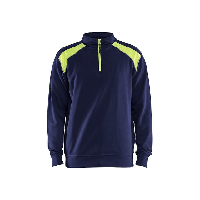 A navy blue long-sleeve quarter-zip pullover sweatshirt with bright neon yellow-green contrast panels on the shoulders and along the zipper, displayed on a clean white background.