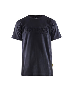A dark navy blue short-sleeve crewneck t-shirt with 'BLÅLÄDER' printed in a tonal, raised font across the chest, shown against a plain white background.