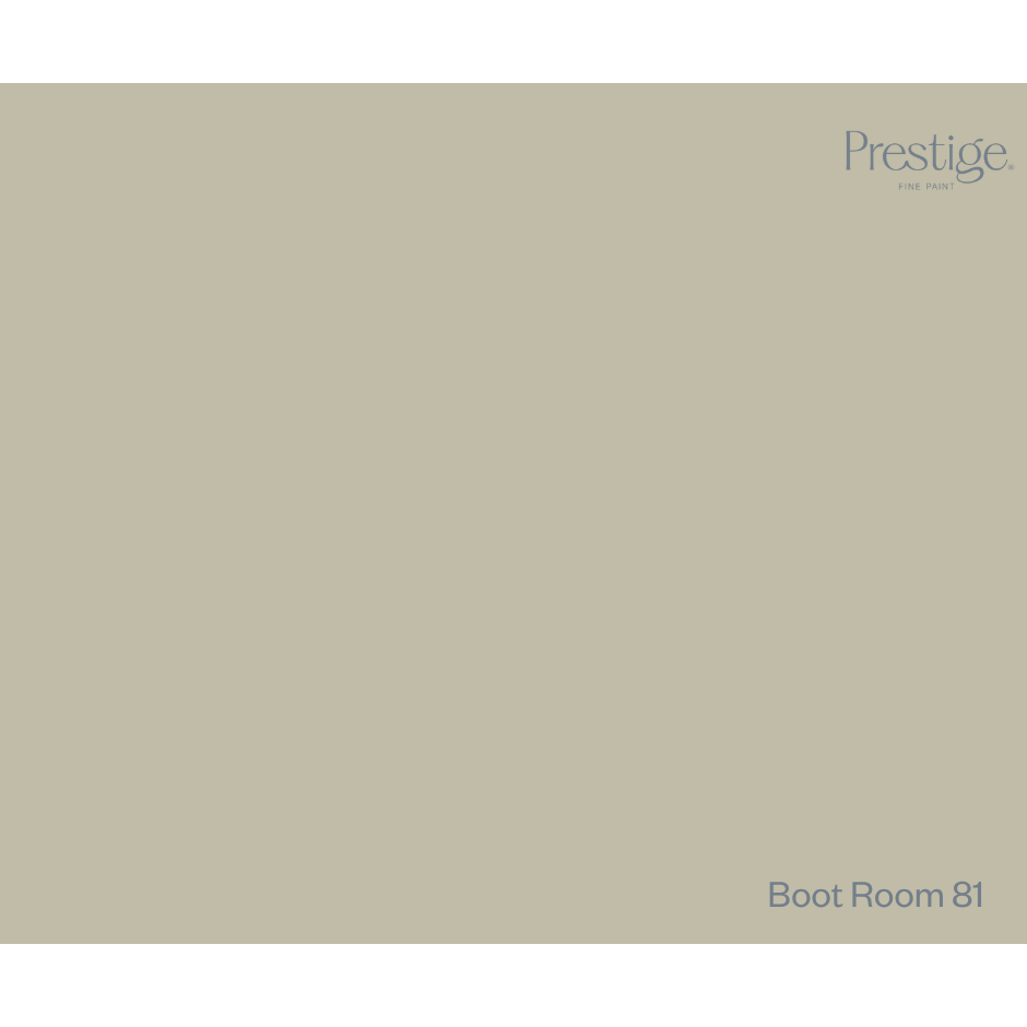 Prestige Boot Room
A solid color swatch card for Prestige Boot Room 81, featuring a warm taupe-beige background with the Prestige logo in the top right and 'Boot Room 81' in the bottom right.