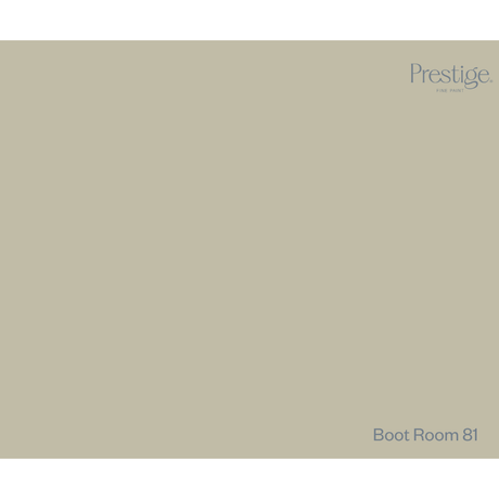 Prestige Boot Room
A solid color swatch card for Prestige Boot Room 81, featuring a warm taupe-beige background with the Prestige logo in the top right and 'Boot Room 81' in the bottom right.