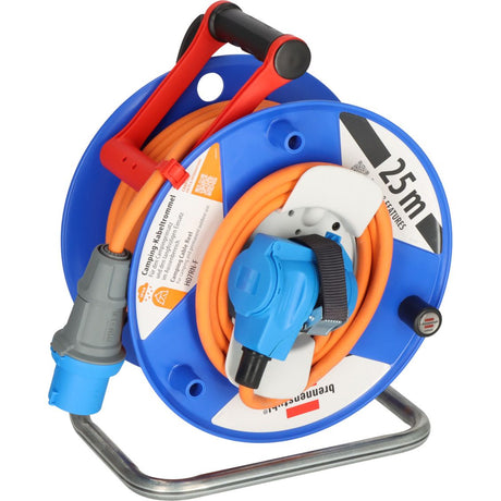 A 25-meter orange electrical extension cord on a blue and white retractable reel with a metal stand, featuring a red handle and a gray plug connector.