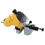 A yellow and black cordless angle grinder with a clear dust shield and a silver metal mounting base, shown on a plain white background.
Nielsen CT2912 Chainsaw Blade Sharpener
