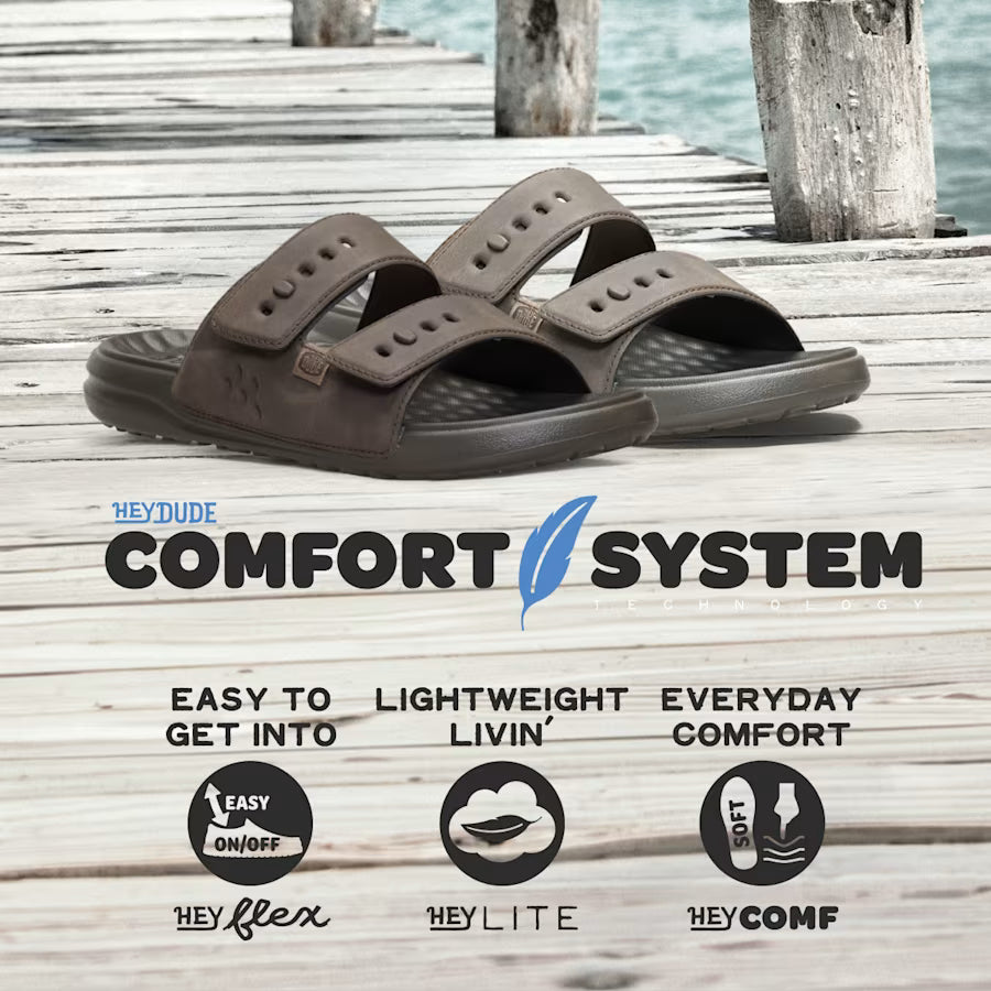 A pair of dark brown slide sandals with adjustable straps, displayed on a weathered wooden dock with water in the background. Below the sandals, the text 'HEYDUDE COMFORT SYSTEM' and feature icons are shown.