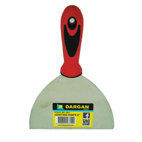 A Dargan brand jointing knife with a red and black handle and a light gray metal blade, featuring a yellow and black retail label on the blade.